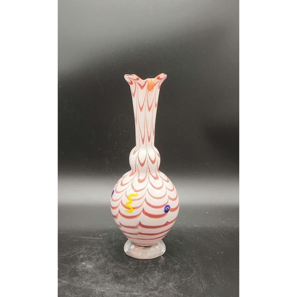 Vintage Art Glass Hand Blown Vase Red White Stripe Folded Lip Signed Normin